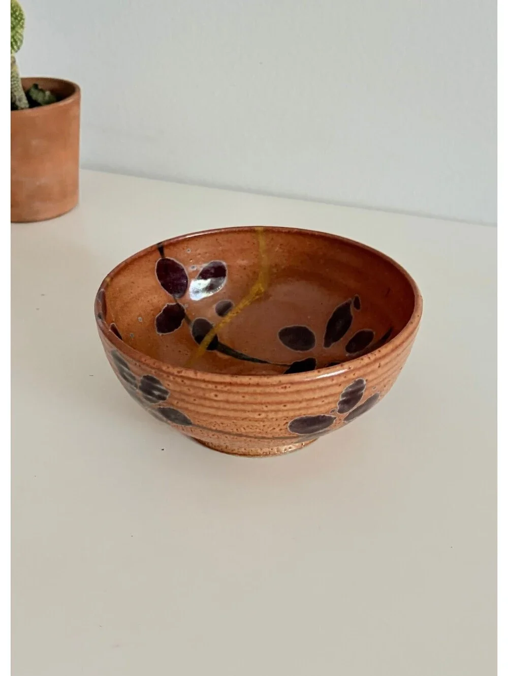 Kintsugi Stoneware Bowl Vintage Studio Pottery Speckled Hand Painted Florals